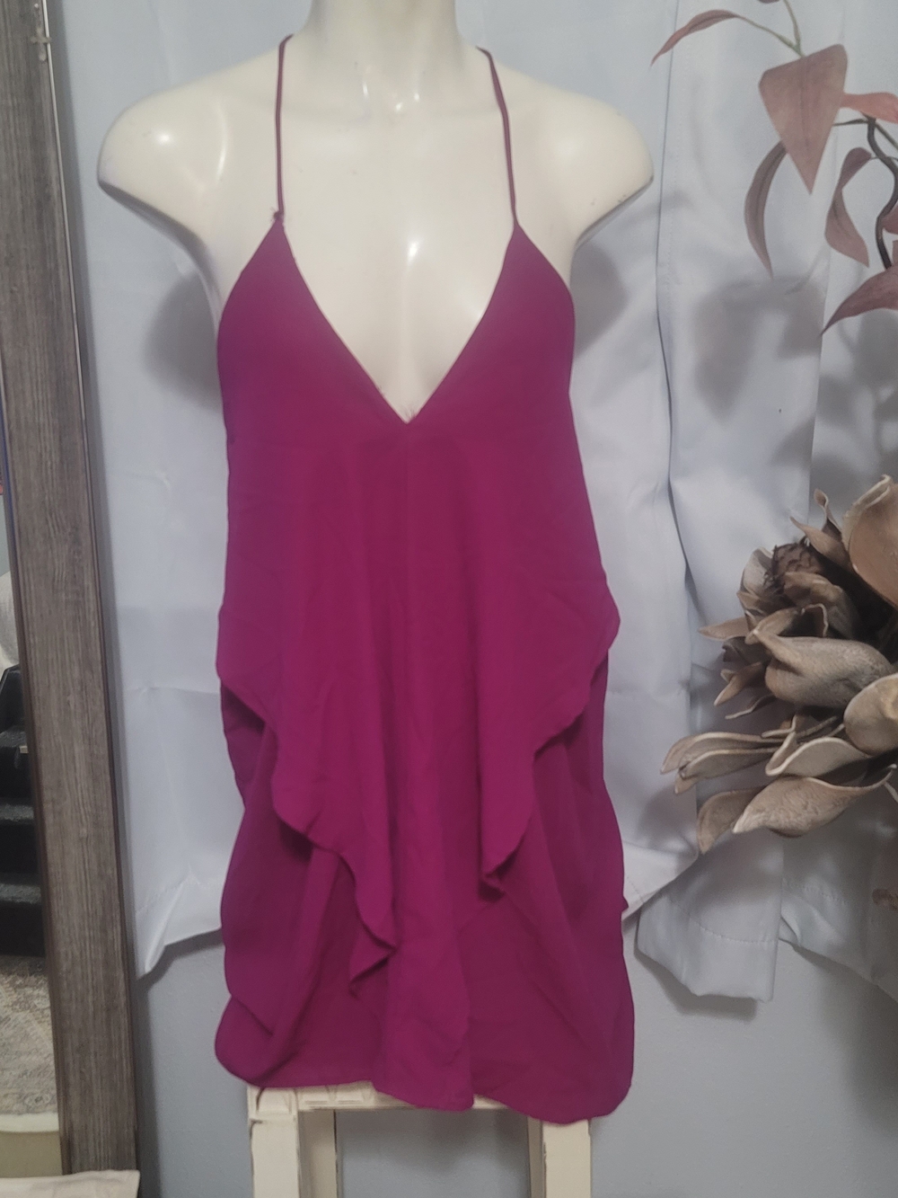 Fuchsia Ruffle V-Neck Spaghetti Strap Dress